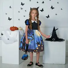 Halloween Girls' Orange Printed Tulle Skirt Dress with Bow & Hat — feature 7