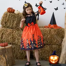 Halloween Girls' Orange Printed Tulle Skirt Dress with Bow & Hat — feature 8