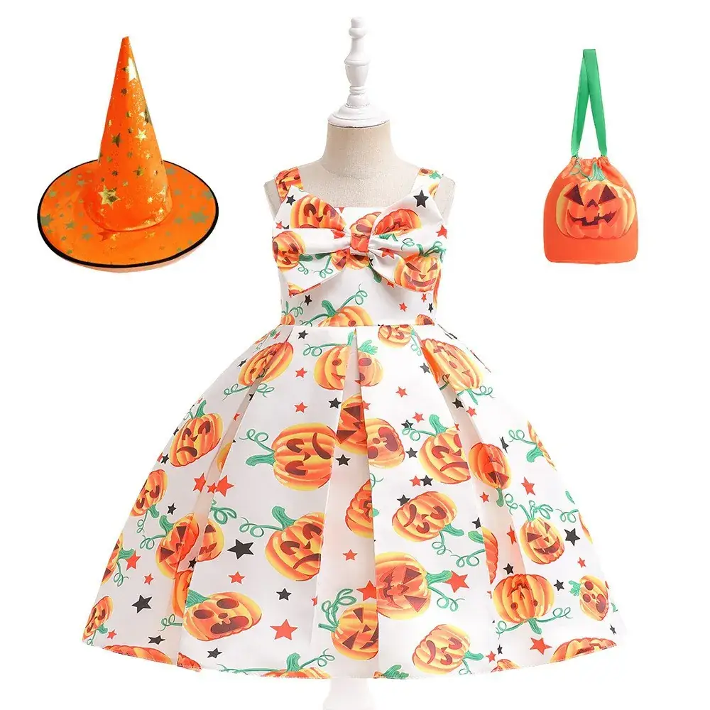 Halloween Girls' Orange Printed Tulle Skirt Dress with Bow & Hat - Image 2