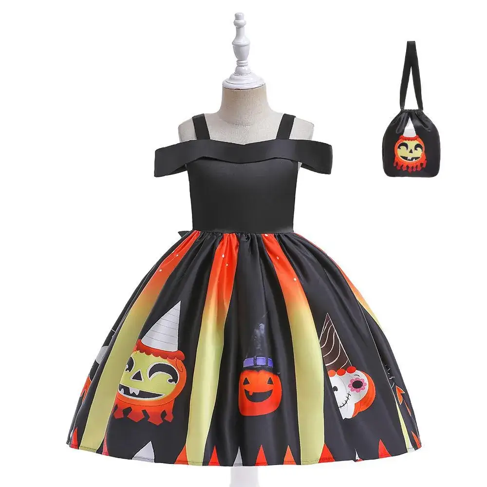 Halloween Girls' Orange Printed Tulle Skirt Dress with Bow & Hat - Image 3