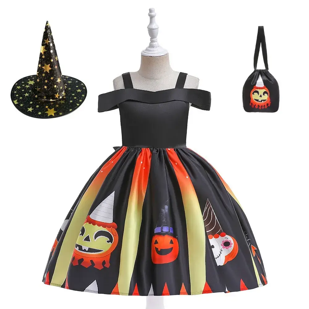Halloween Girls' Orange Printed Tulle Skirt Dress with Bow & Hat - Image 4