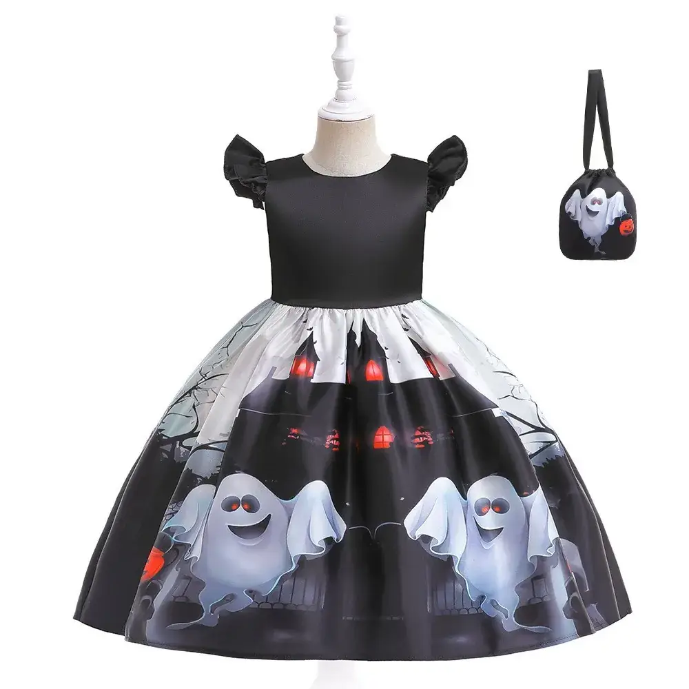 Halloween Girls' Orange Printed Tulle Skirt Dress with Bow & Hat - Image 5