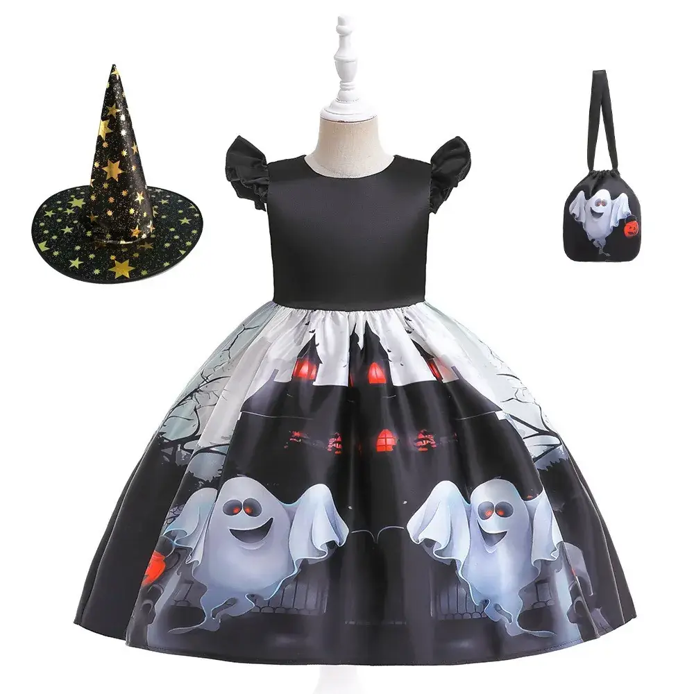 Halloween Girls' Orange Printed Tulle Skirt Dress with Bow & Hat - Image 6