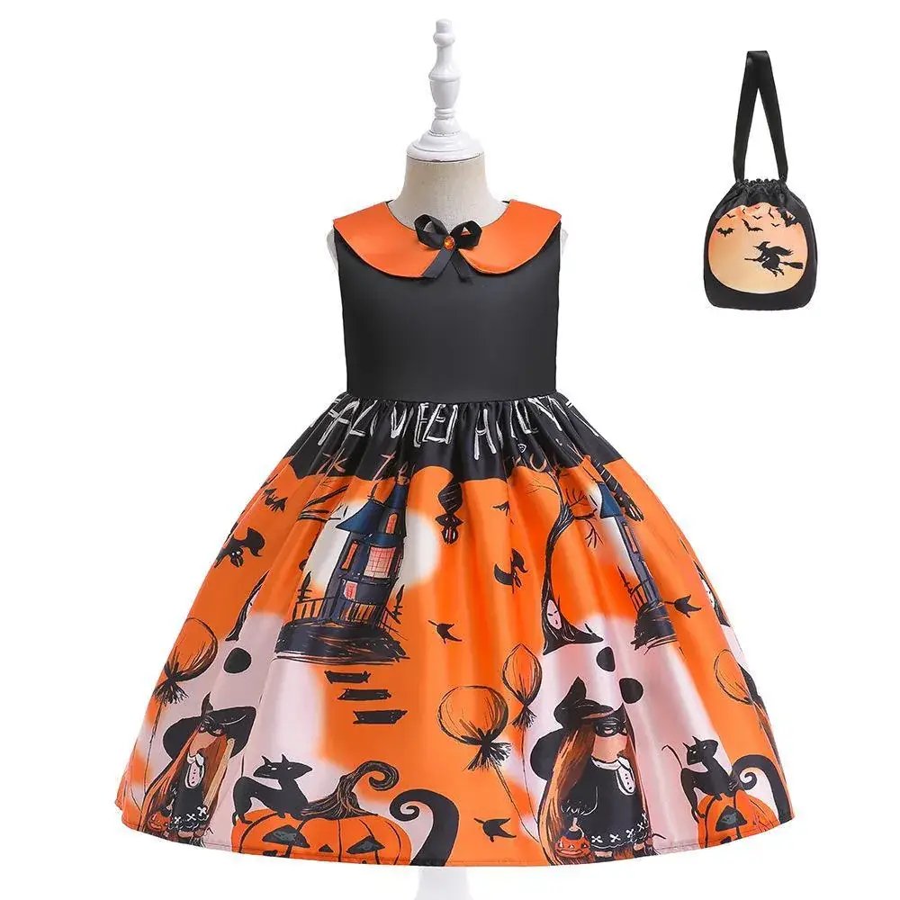 Halloween Girls' Orange Printed Tulle Skirt Dress with Bow & Hat - Image 7