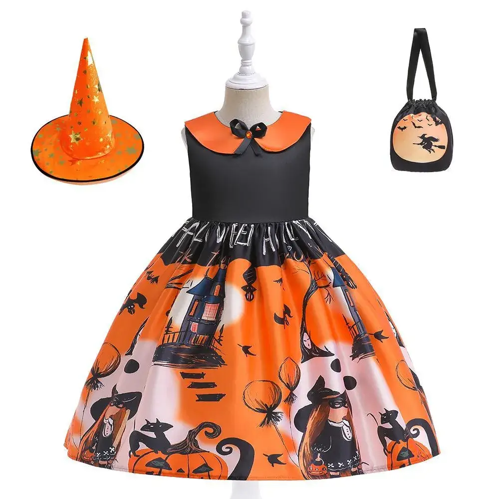 Halloween Girls' Orange Printed Tulle Skirt Dress with Bow & Hat - Image 8