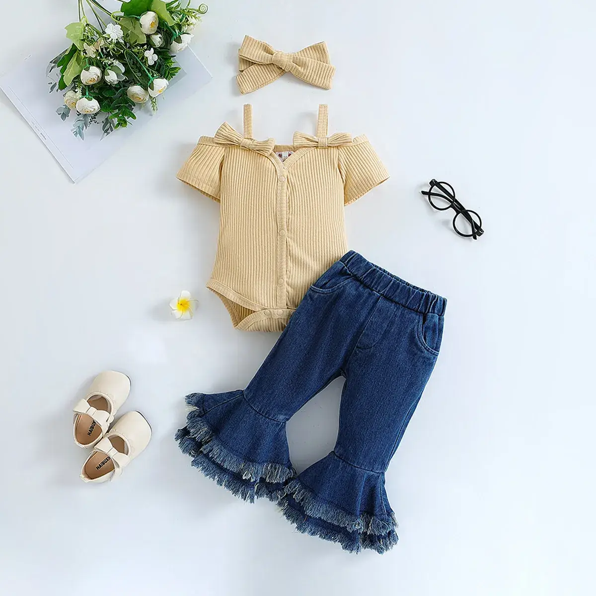 Baby Girl Summer Suit with Bow Strap Denim Pants - Image 2