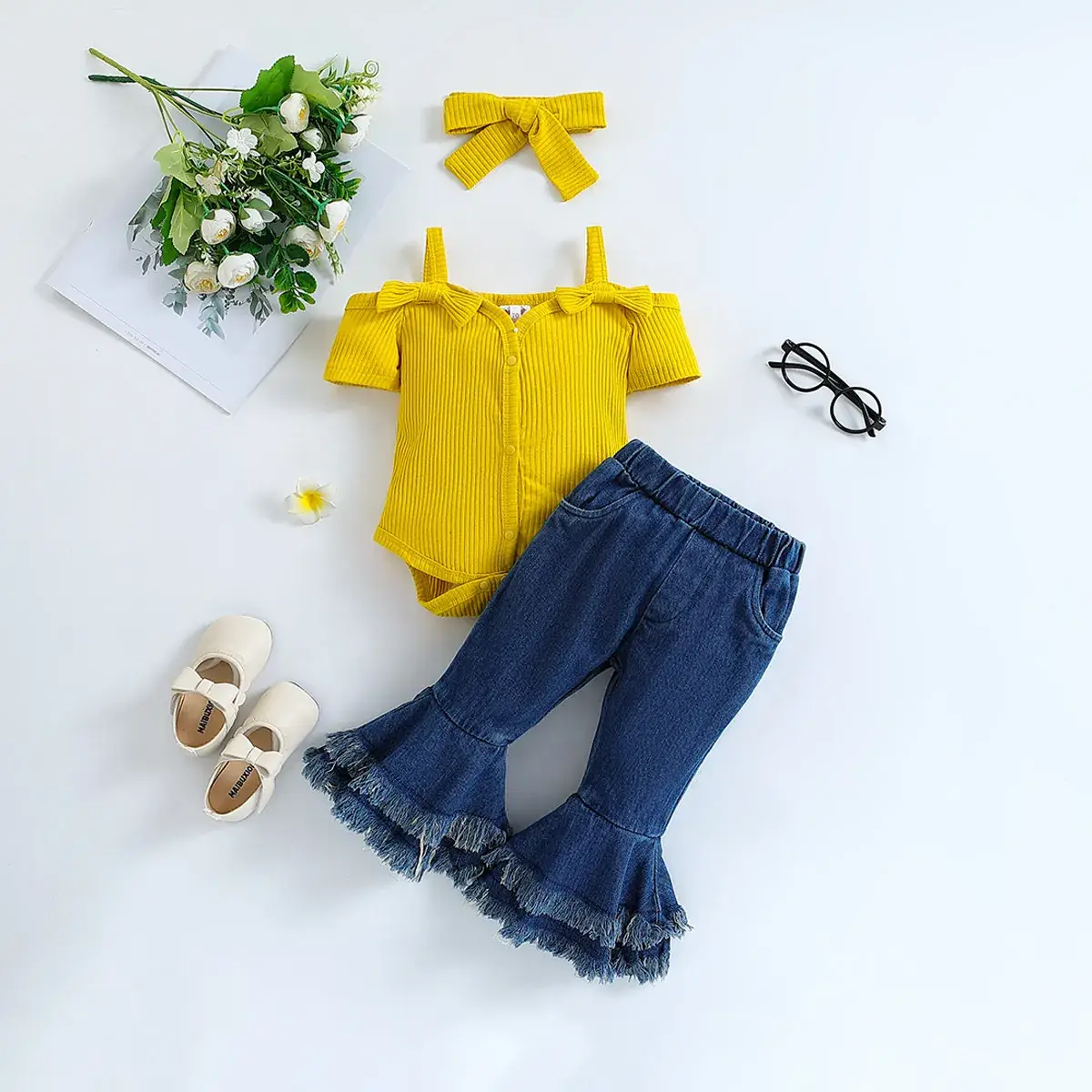 Baby Girl Summer Suit with Bow Strap Denim Pants - Image 3