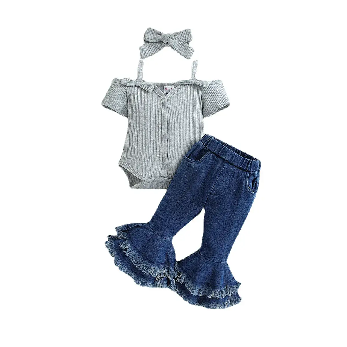 Baby Girl Summer Suit with Bow Strap Denim Pants - Image 6
