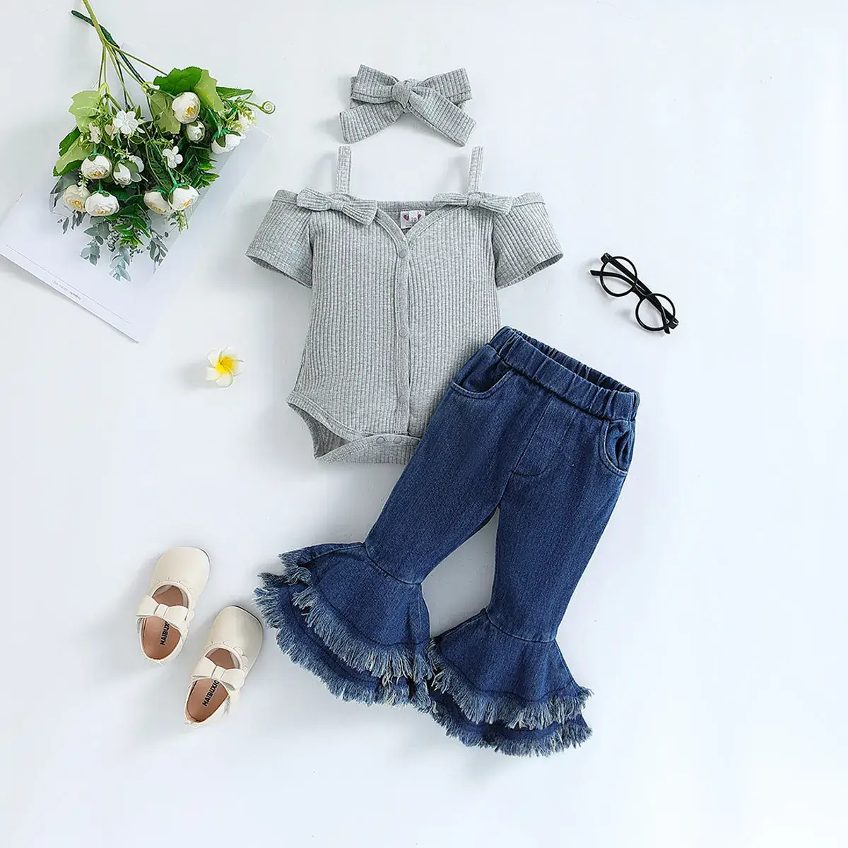 Baby Girl Summer Suit with Bow Strap Denim Pants - Image 4
