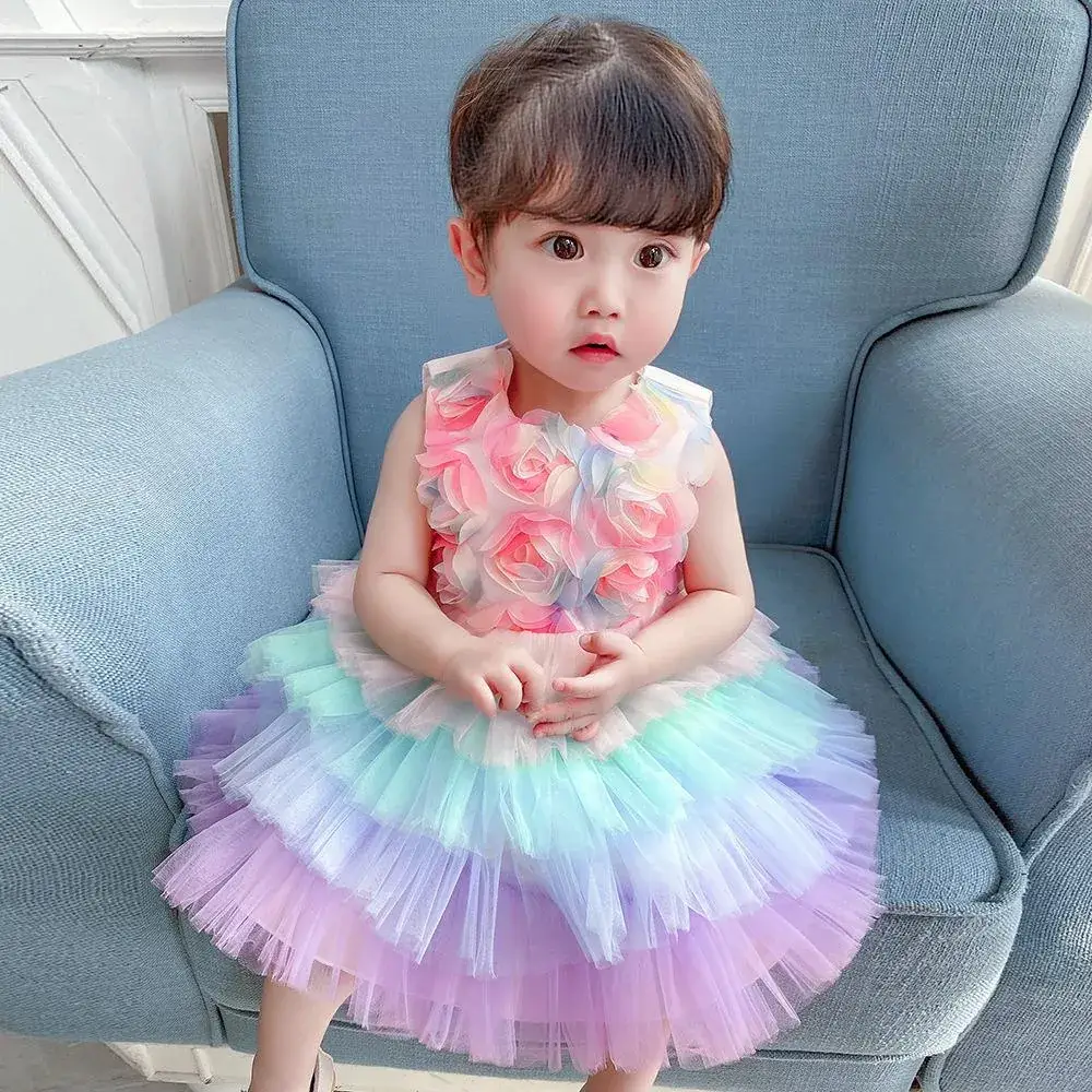 Baby Full Moon Dress for Girls, Puffy Floral Cake Dress, 1-2 Years