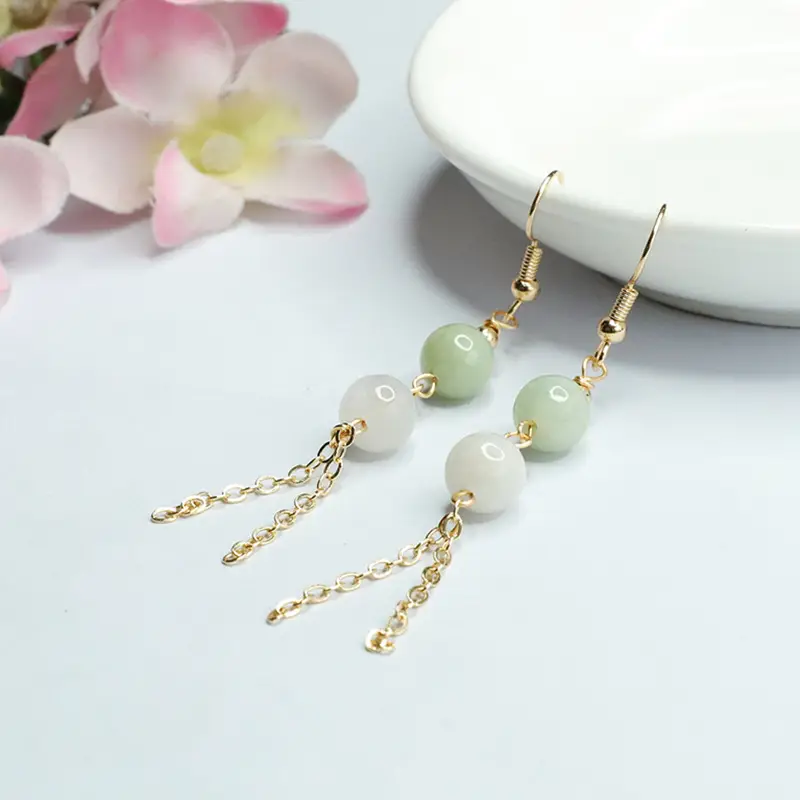 Women Jade Double Bead Tassel Earrings Gold - Image 3