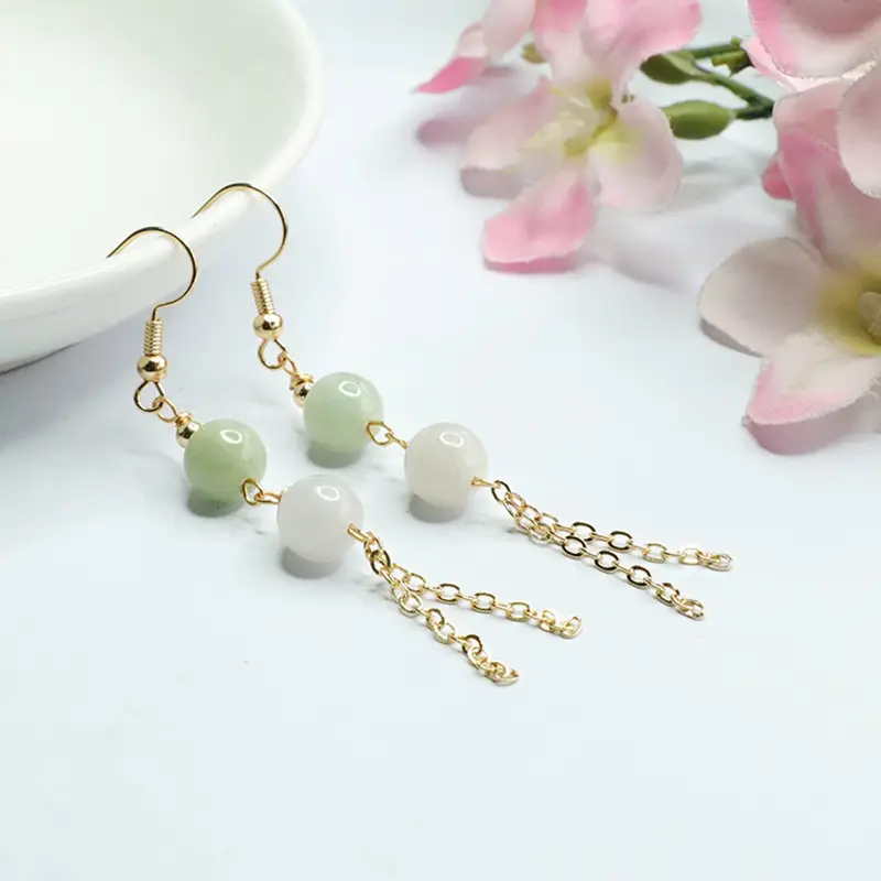 Women Jade Double Bead Tassel Earrings Gold - Image 4