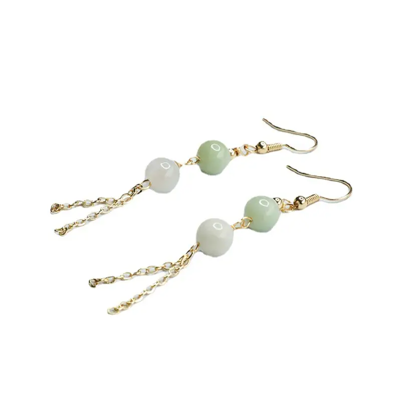 Women Jade Double Bead Tassel Earrings Gold - Image 5