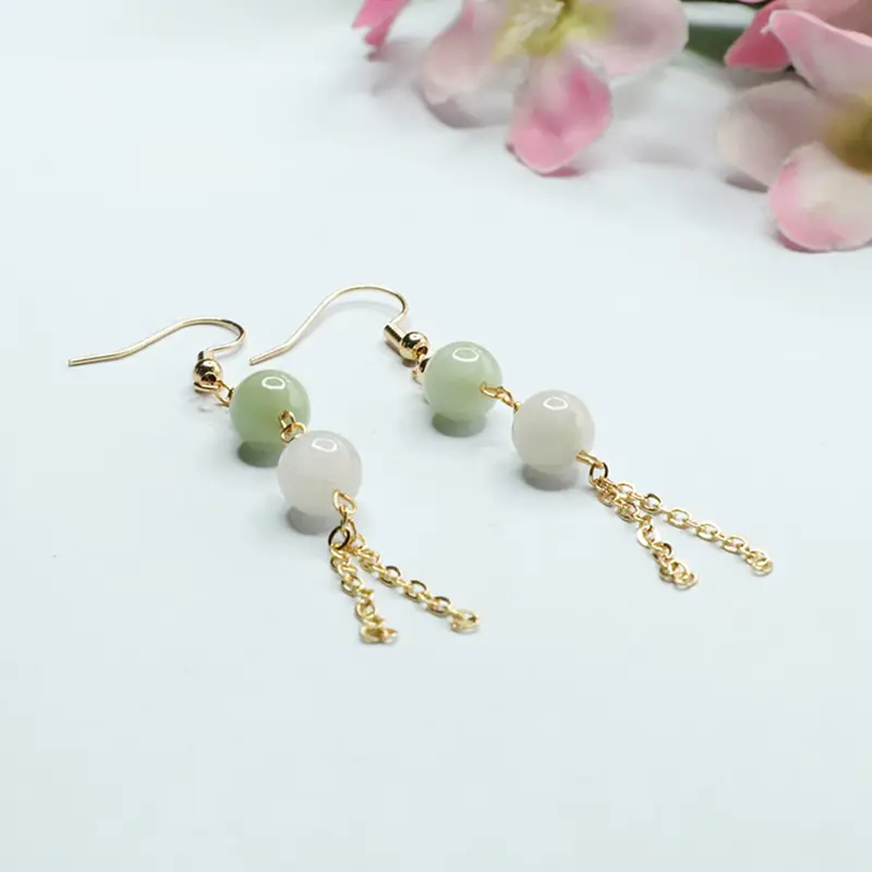 Women Jade Double Bead Tassel Earrings Gold — feature 10