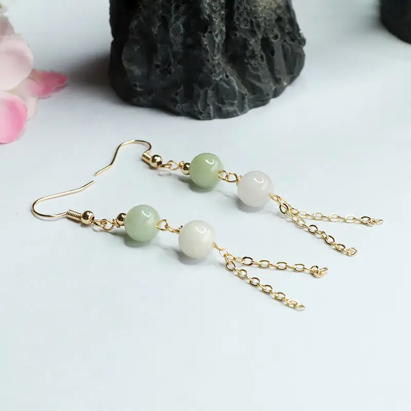 Women Jade Double Bead Tassel Earrings Gold — feature 11