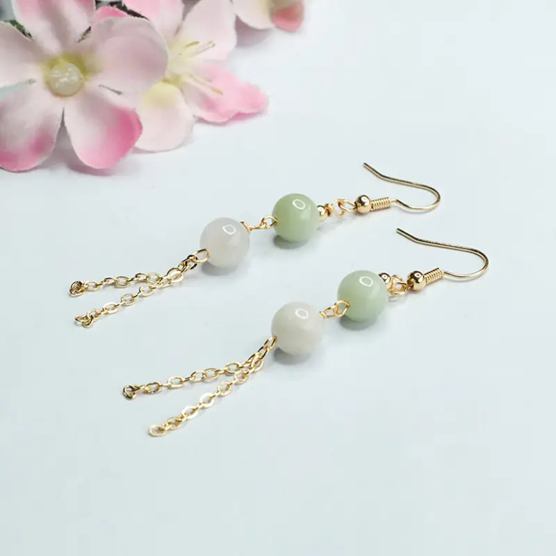 Women Jade Double Bead Tassel Earrings Gold — feature 8