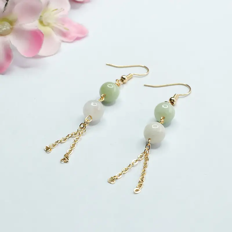 Women Jade Double Bead Tassel Earrings Gold — feature 9
