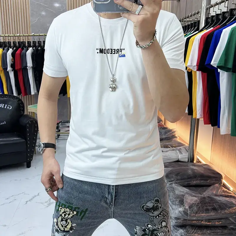Men White Letter Print Short Sleeve T-Shirt - Image 5