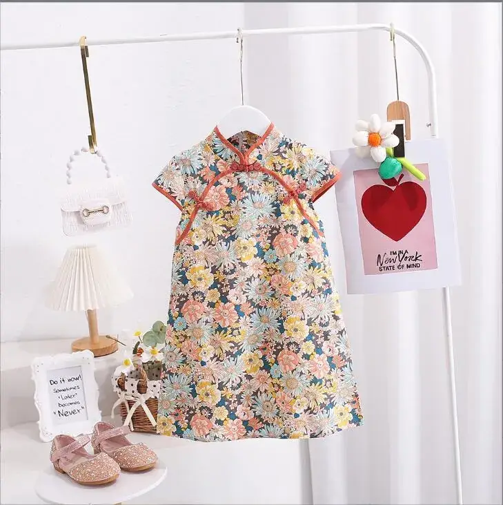 Chinese Style Floral Cheongsam for Girls Cotton Short Sleeve - Image 12