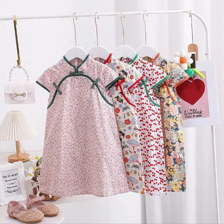 Chinese Style Floral Cheongsam for Girls Cotton Short Sleeve — feature 1