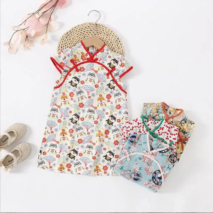 Chinese Style Floral Cheongsam for Girls Cotton Short Sleeve — feature 10
