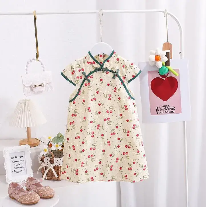 Chinese Style Floral Cheongsam for Girls Cotton Short Sleeve — feature 11