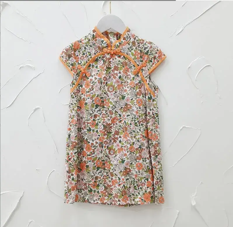 Chinese Style Floral Cheongsam for Girls Cotton Short Sleeve — feature 14
