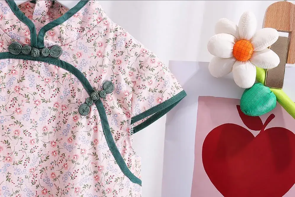 Chinese Style Floral Cheongsam for Girls Cotton Short Sleeve — feature 5