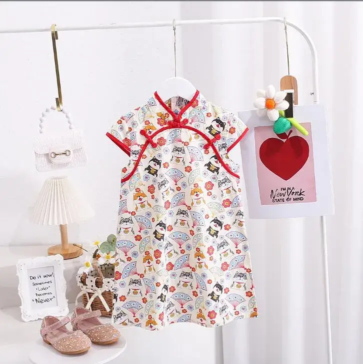 Chinese Style Floral Cheongsam for Girls Cotton Short Sleeve — feature 8
