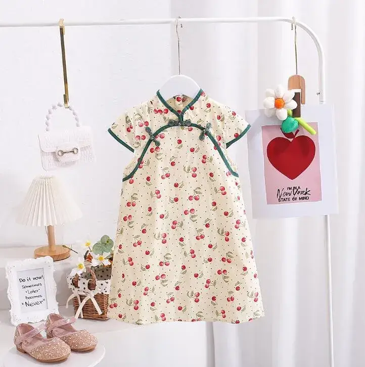 Chinese Style Floral Cheongsam for Girls Cotton Short Sleeve - Image 2