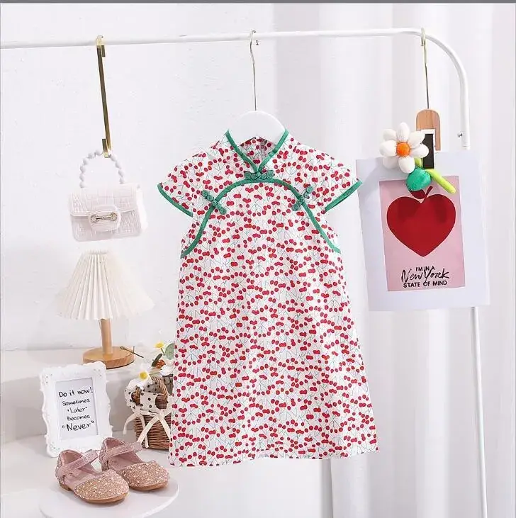 Chinese Style Floral Cheongsam for Girls Cotton Short Sleeve - Image 3