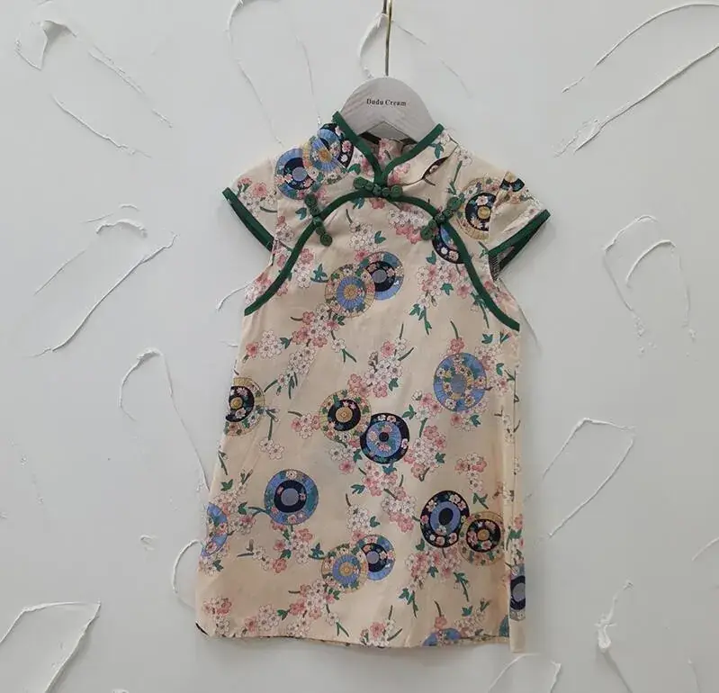 Chinese Style Floral Cheongsam for Girls Cotton Short Sleeve - Image 4