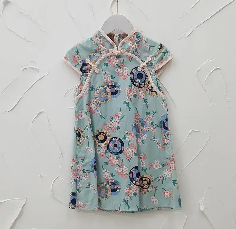 Chinese Style Floral Cheongsam for Girls Cotton Short Sleeve - Image 5