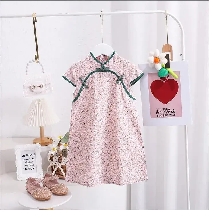 Chinese Style Floral Cheongsam for Girls Cotton Short Sleeve - Image 7