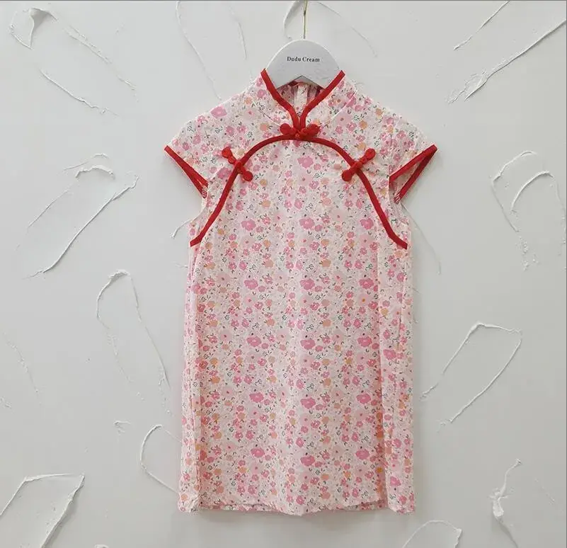 Chinese Style Floral Cheongsam for Girls Cotton Short Sleeve - Image 8