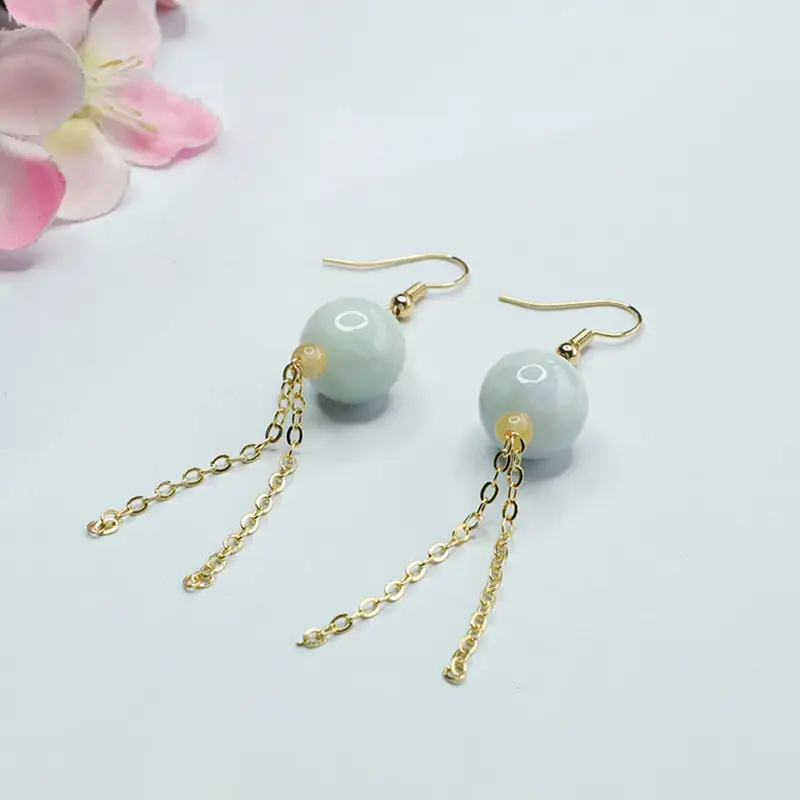 Jade Earrings for Women Natural Grade Round Bead Tassel - Image 3