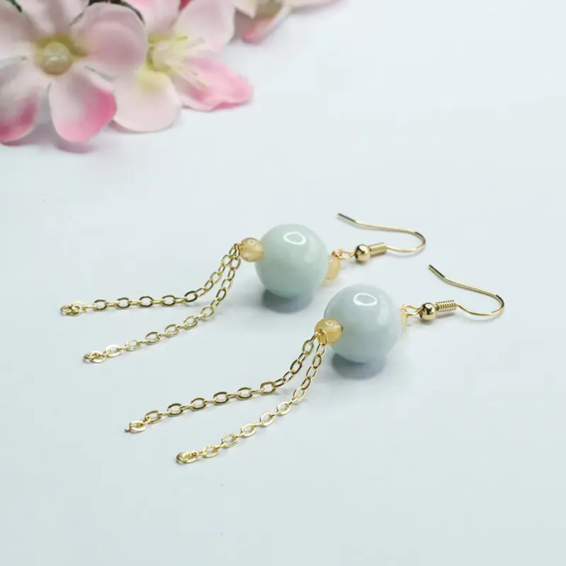 Jade Earrings for Women Natural Grade Round Bead Tassel - Image 4