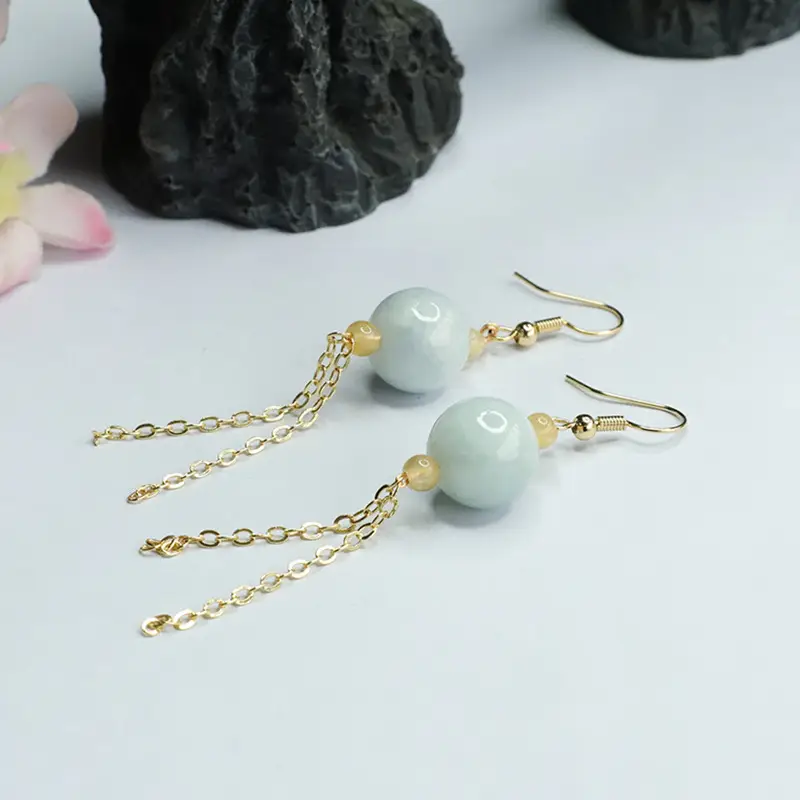 Jade Earrings for Women Natural Grade Round Bead Tassel — feature 10