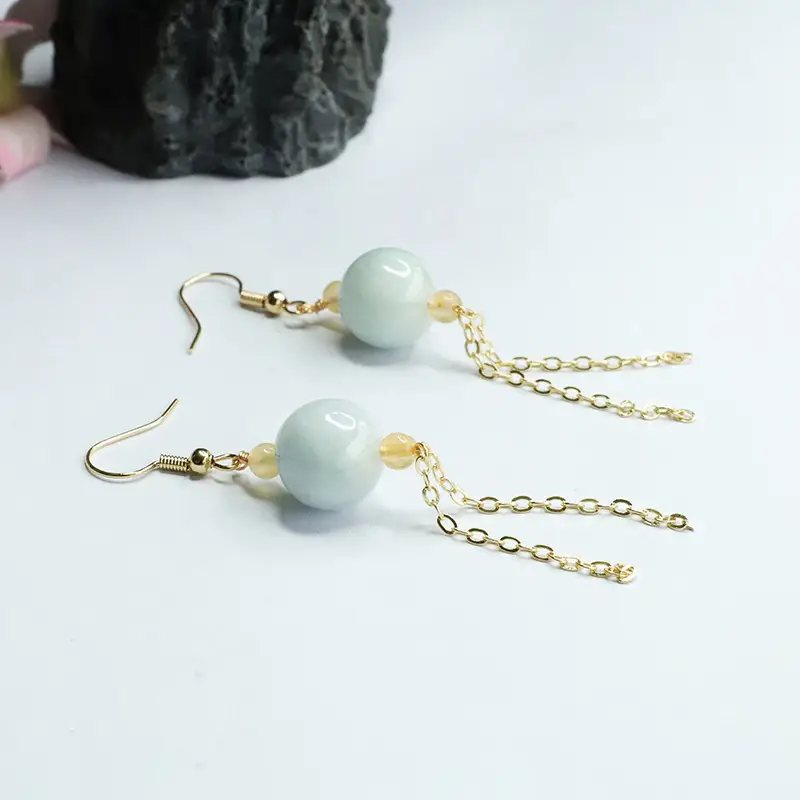 Jade Earrings for Women Natural Grade Round Bead Tassel — feature 11
