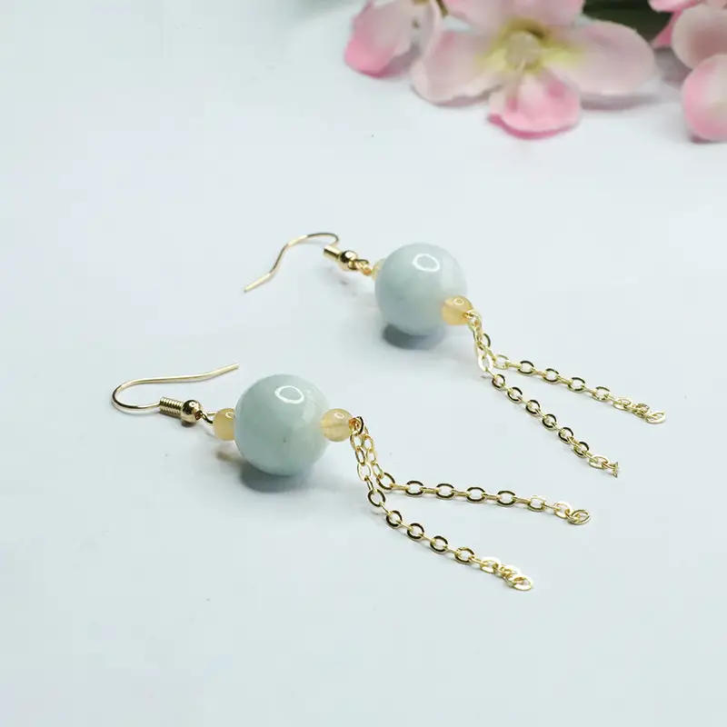 Jade Earrings for Women Natural Grade Round Bead Tassel — feature 7