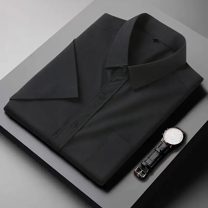 Men Button Short Sleeve Shirt Navy Blue - Image 2