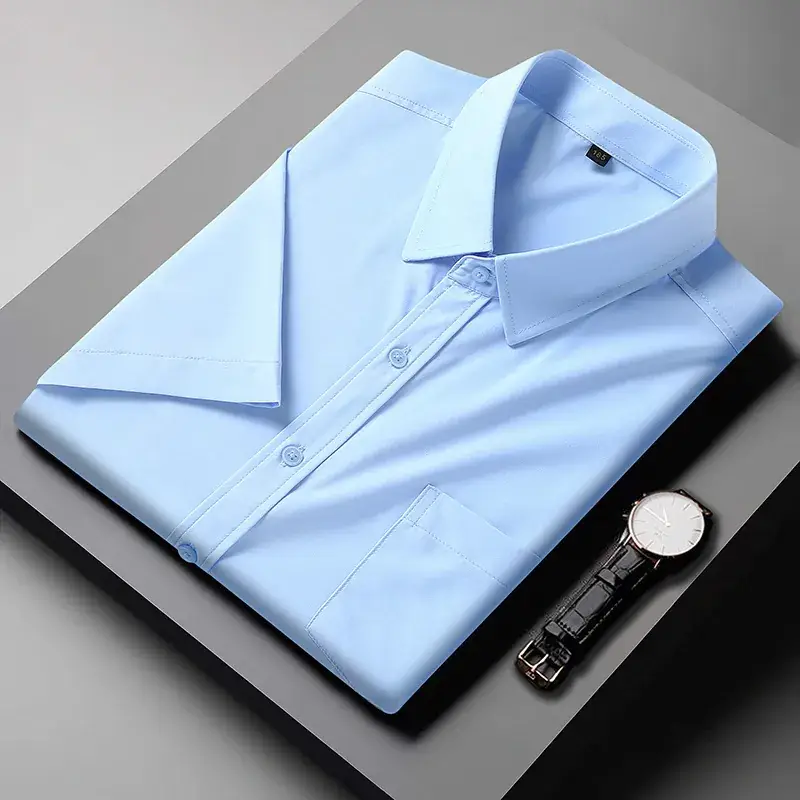 Men Button Short Sleeve Shirt Navy Blue - Image 3