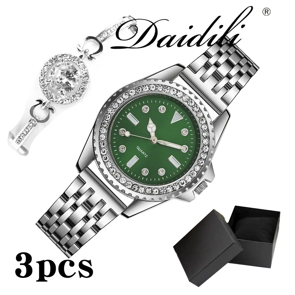 3PCs Green Crystal Watch Set for Girls