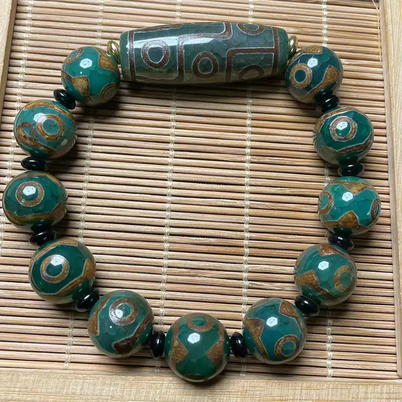 Antique Green Old 14mm Three Eyes Beads Bracelet for Men Women - Image 2