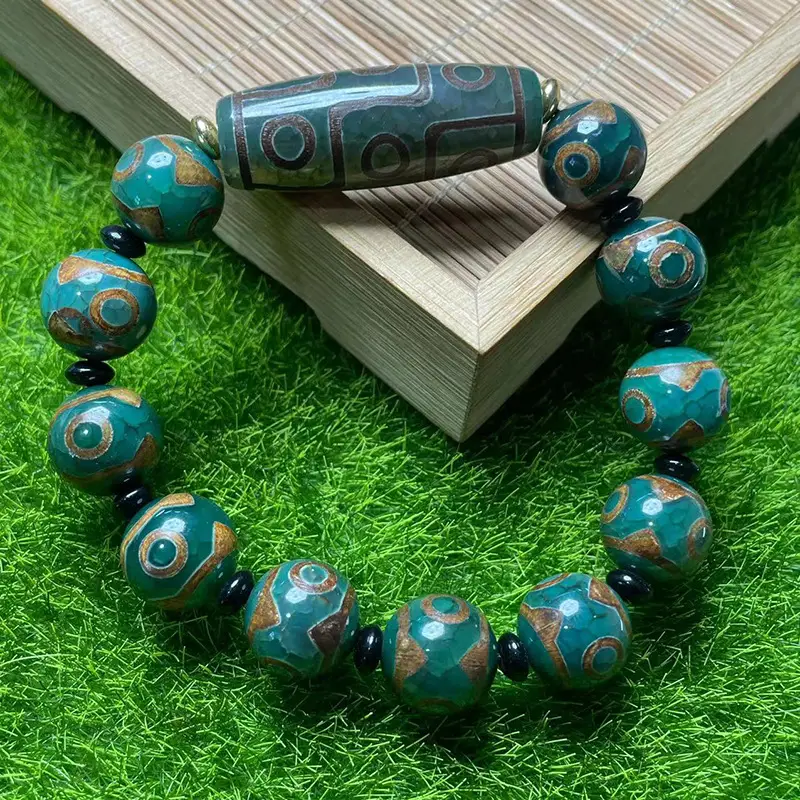 Antique Green Old 14mm Three Eyes Beads Bracelet for Men Women - Image 4