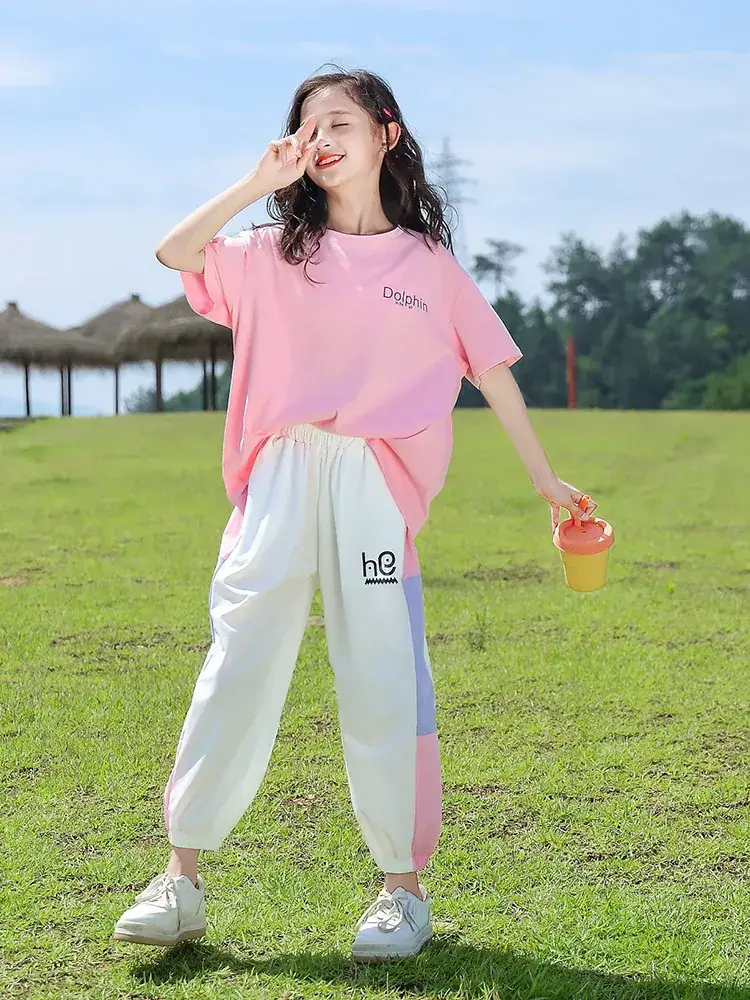 Girls Pink Track Suit Summer Casual Two-Piece Set - Image 5