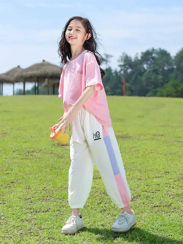 Girls Pink Track Suit Summer Casual Two-Piece Set - Image 6