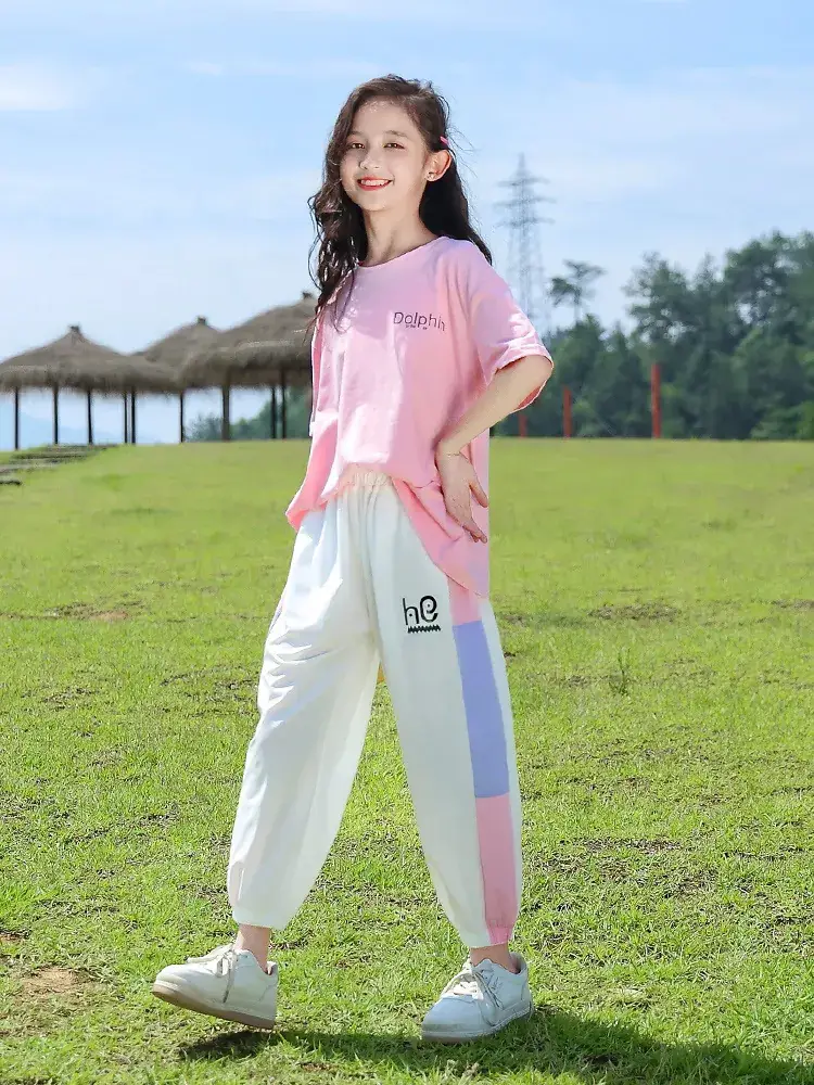 Girls Pink Track Suit Summer Casual Two-Piece Set - Image 7