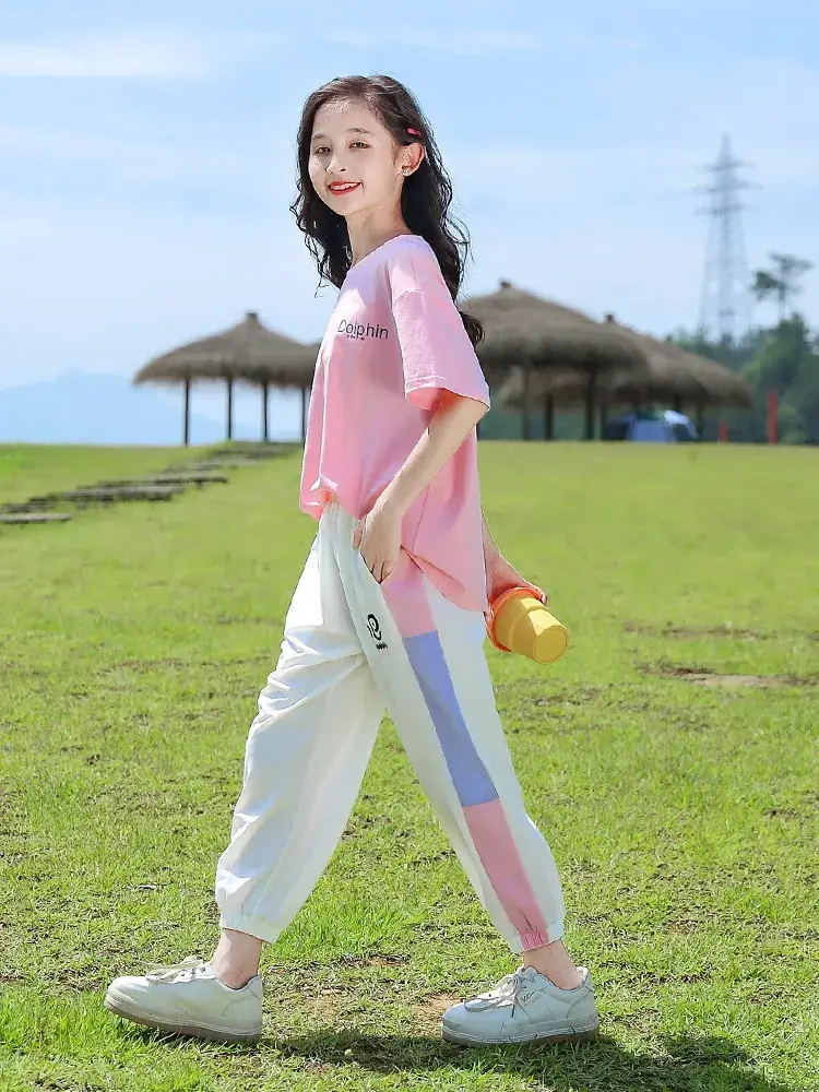 Girls Pink Track Suit Summer Casual Two-Piece Set - Image 8