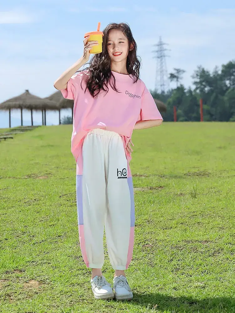 Girls Pink Track Suit Summer Casual Two-Piece Set - Image 9